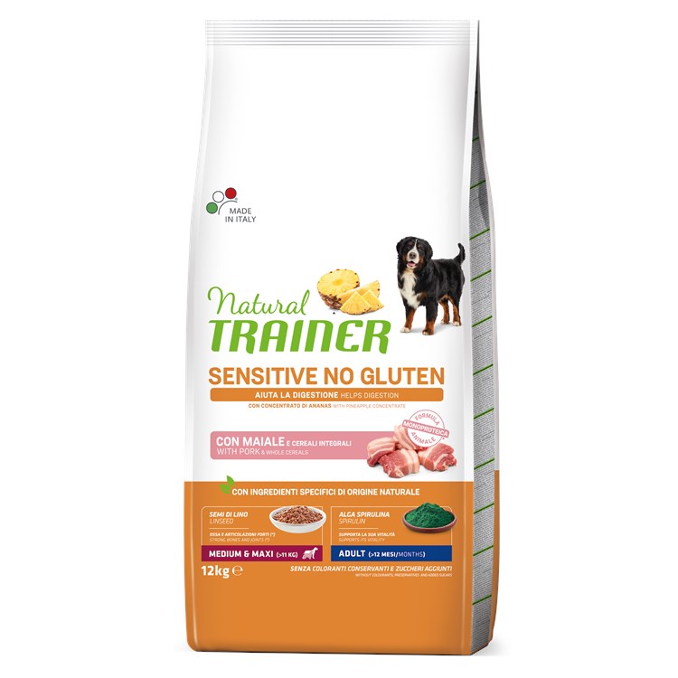 Natural Trainer Sensitive No Gluten Adult Medium Maxi Maiale e Cereali Integrali 12 kg