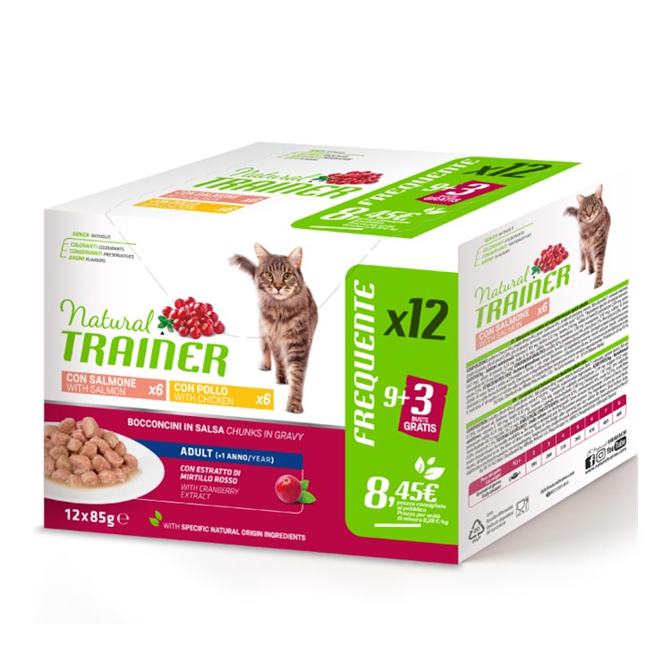 Natural Trainer Adult Cat Bocconcini Multipack 12 bustine 85 gr (6 pollo + 6 salmone) Umido Gatti