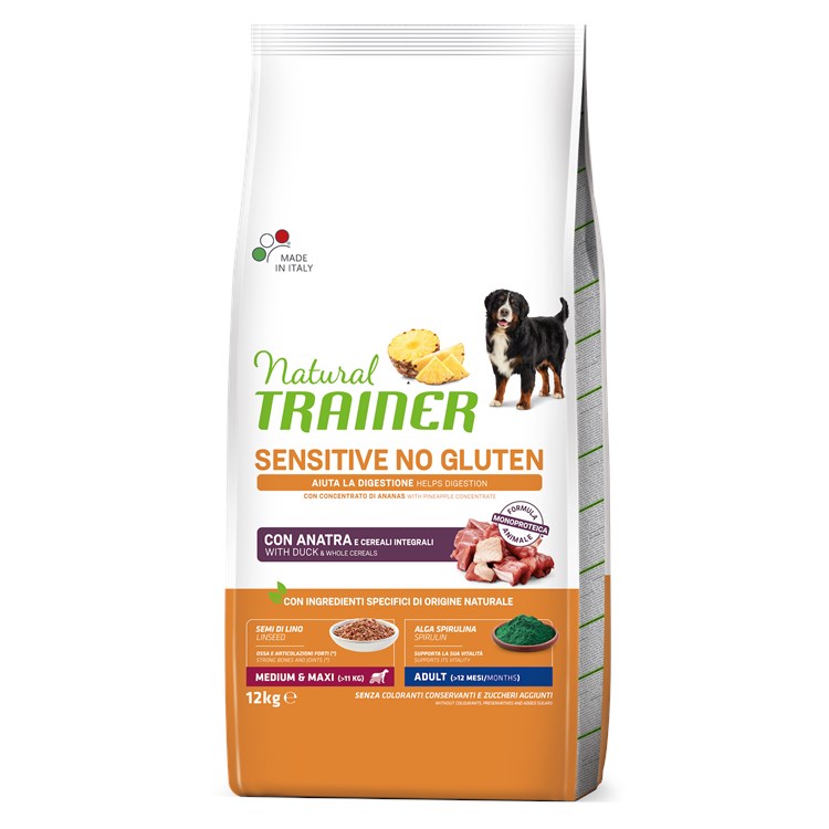 Natural Trainer Sensitive Adult Medium Maxi No Gluten Anatra e Cereali Integrali 12 kg