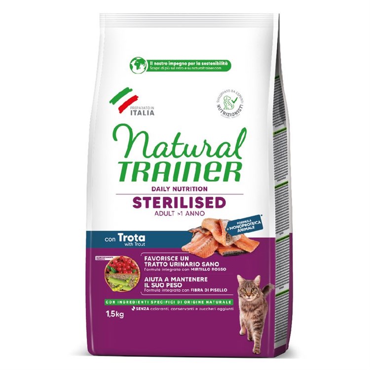 Natural Trainer Sterilised Trota 1,5 kg Crocchette Per Gatti Sterilizzati