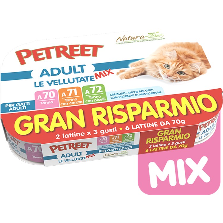 Petreet Adult Le Vellutate Tonno MIX 6x70 gr A70 A71 A72 6 Scatolette Umido Gatto