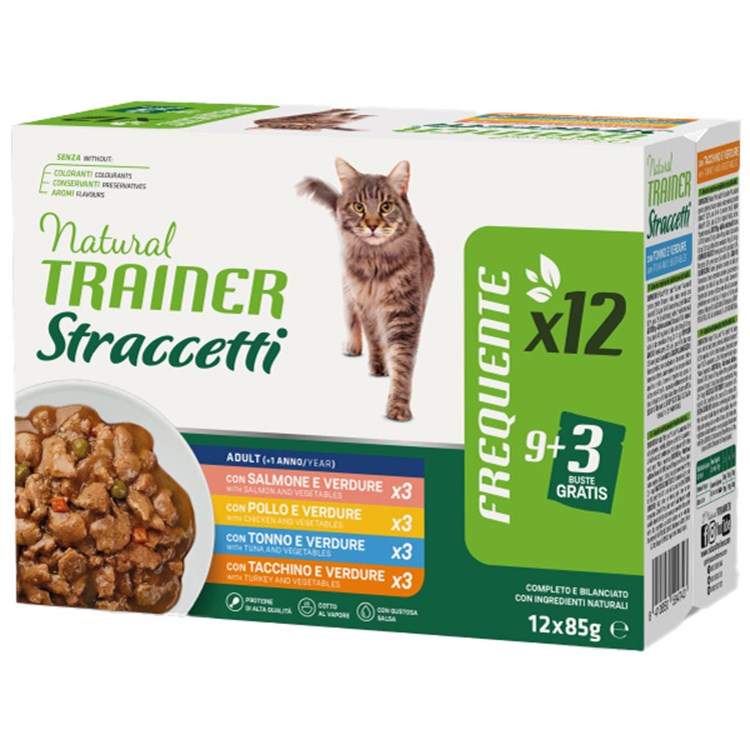 Natural Trainer Adult Straccetti Multipack 12 bustine 85 gr (Manzo, Salmone, Anatra, Melurzzo) Umido Gatti