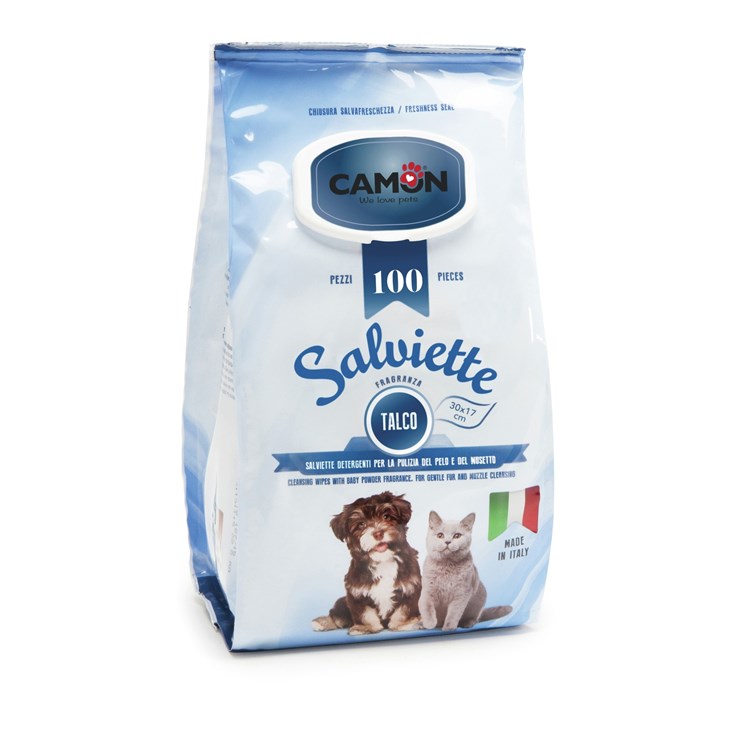 Camon 100 Salviette Detergenti al Talco Per Cani e Gatti Maxi Formato