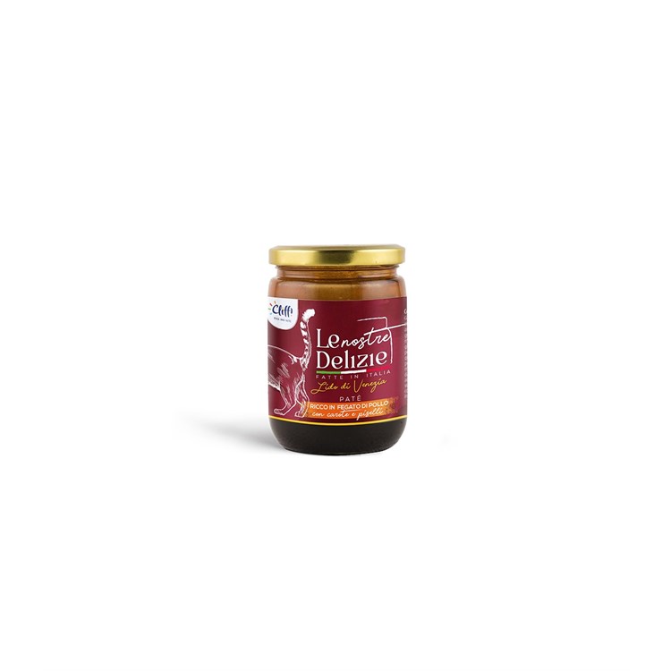 Cliffi Le Nostre Delizie gatto Lido di Venezia patè ricco in fegato di pollo con carote e piselli 80 gr