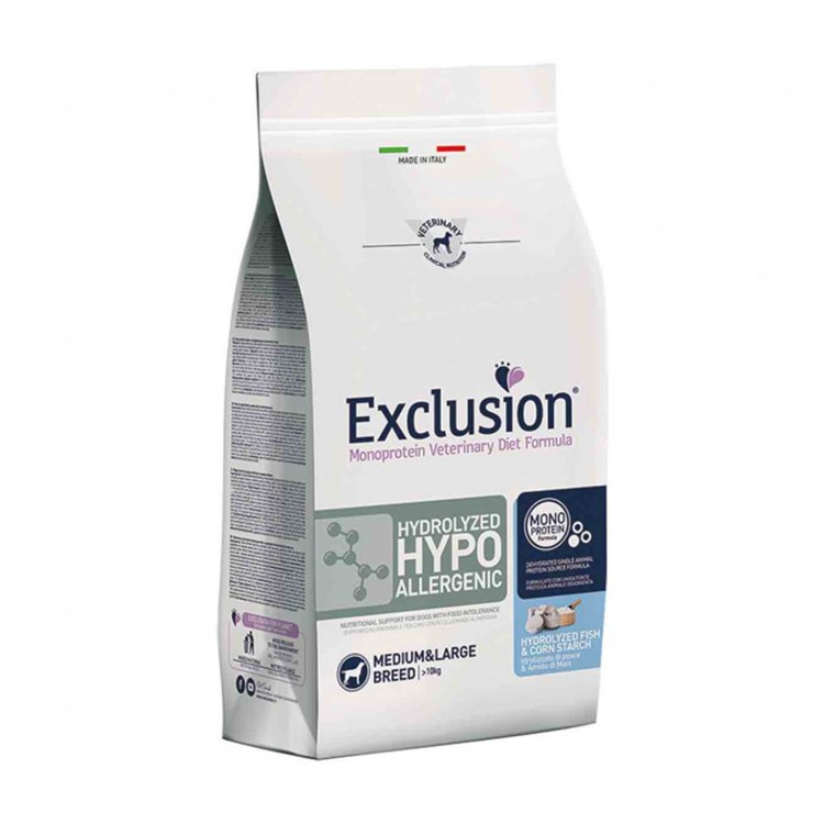 Exclusion Diet Hypoallergenic Hydrolyzed Medium Large 2 kg Pesce e Amido di Mais Per Cane