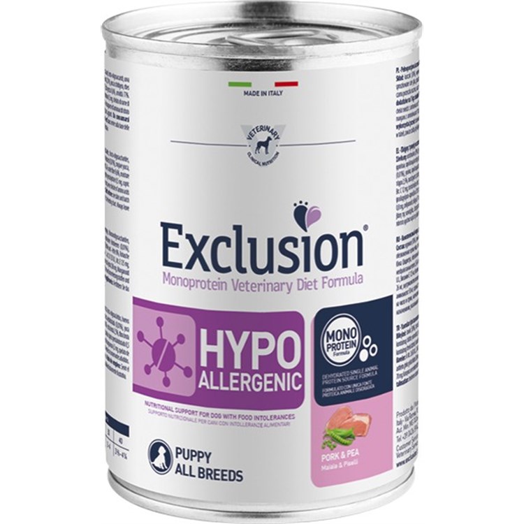 Exclusion Diet Hypoallergenic Puppy Maiale e Piselli 400 gr Barattolo Umido Per Cane