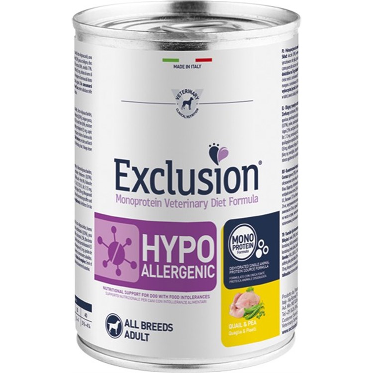 Exclusion Diet Hypoallergenic Quaglia e Piselli 400 gr Barattolo Umido Per Cane