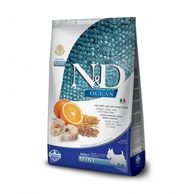 Farmina ND Ocean Mini Adult Merluzzo Farro Avena Arancia 7 Kg Cane