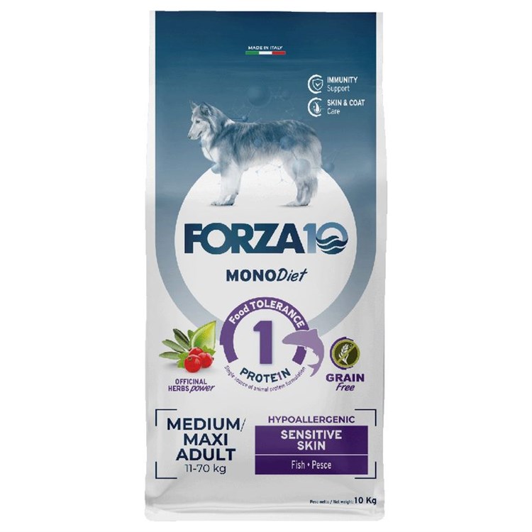 Forza 10 Mono Diet Medium Large Sensitive Skin con Pesce 10 kg Crocchette Per Cani