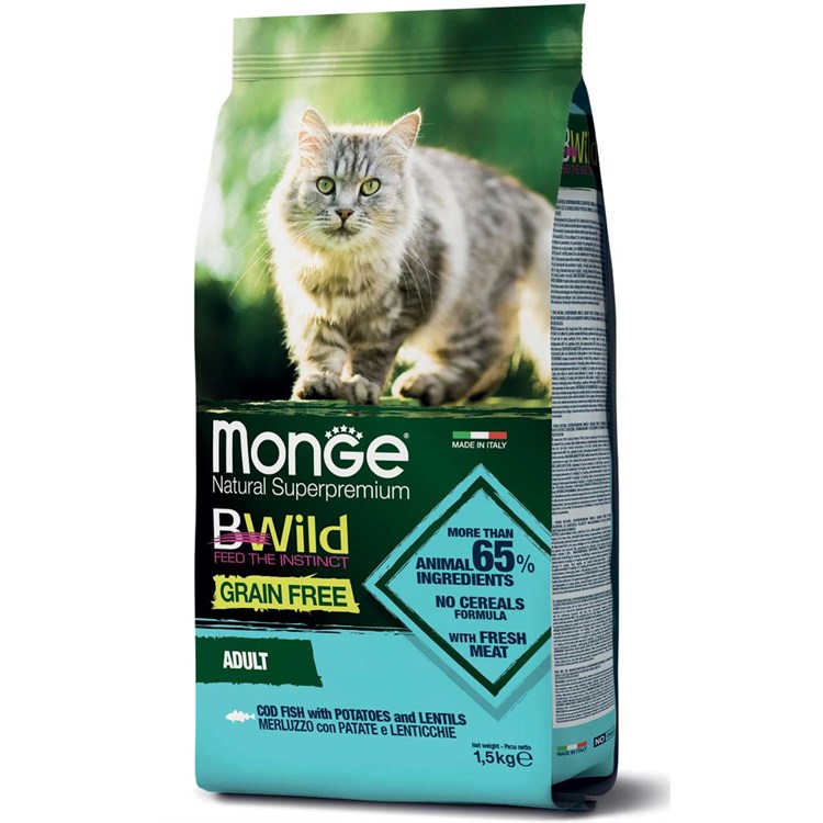 Monge Bwild Grain Free Adult Merluzzo Patate Lenticchie 1,5 kg Per Gatti