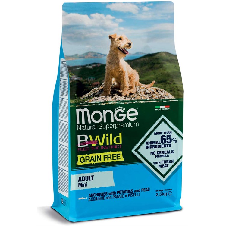 Monge Bwild Grain Free Mini Adult Acciughe Patate Piselli 2,5 kg