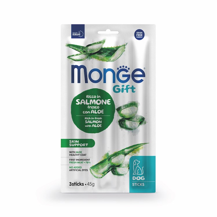 Monge Gift 3 Stick Skin Support Salmone Aloe Vera 45 gr Snack Per Cani