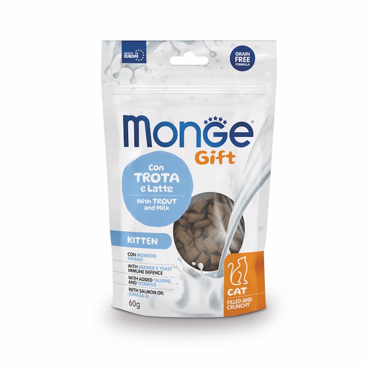 Monge Gift Morbido Ripieno Kitten Trota Latte 60 gr Snack Per Gatti