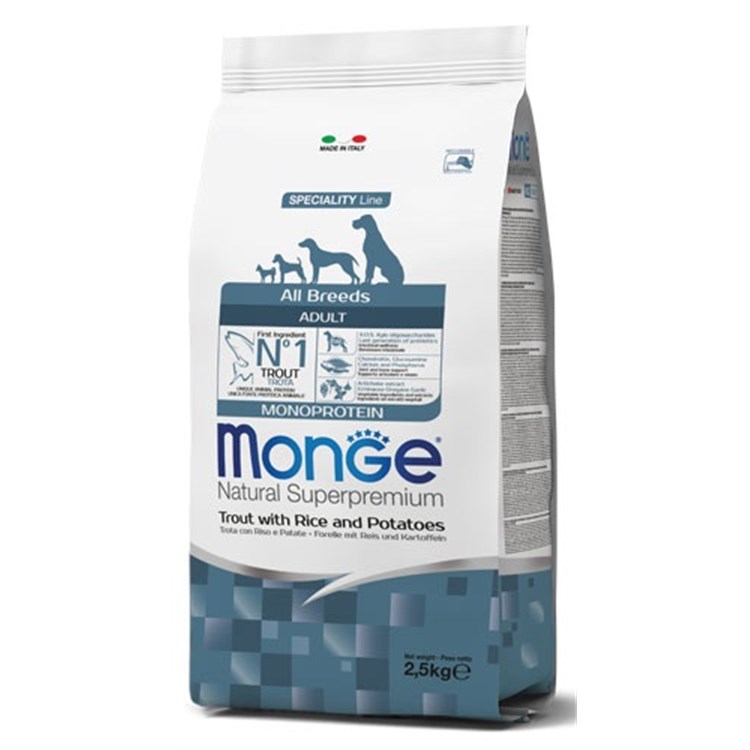 Monge Superpremium Adult All Breed Monoproteico Trota, Riso Patate 12 kg Cane