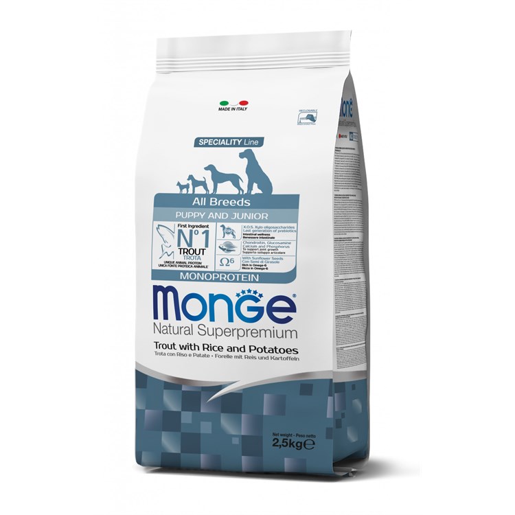 Monge Superpremium All Breed Puppy Junior Trota Riso 2,5 kg Cane