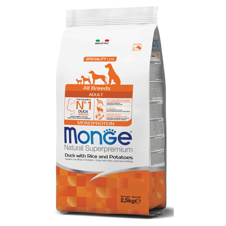 Monge Superpremium All Breeds Adult Anatra Riso Patate 2,5 Kg Cane