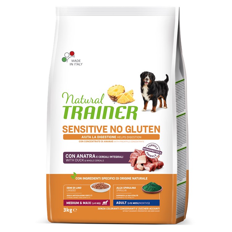 Natural Trainer Sensitive Adult Medium Maxi No Gluten Anatra Cereali Integrali 3 kg