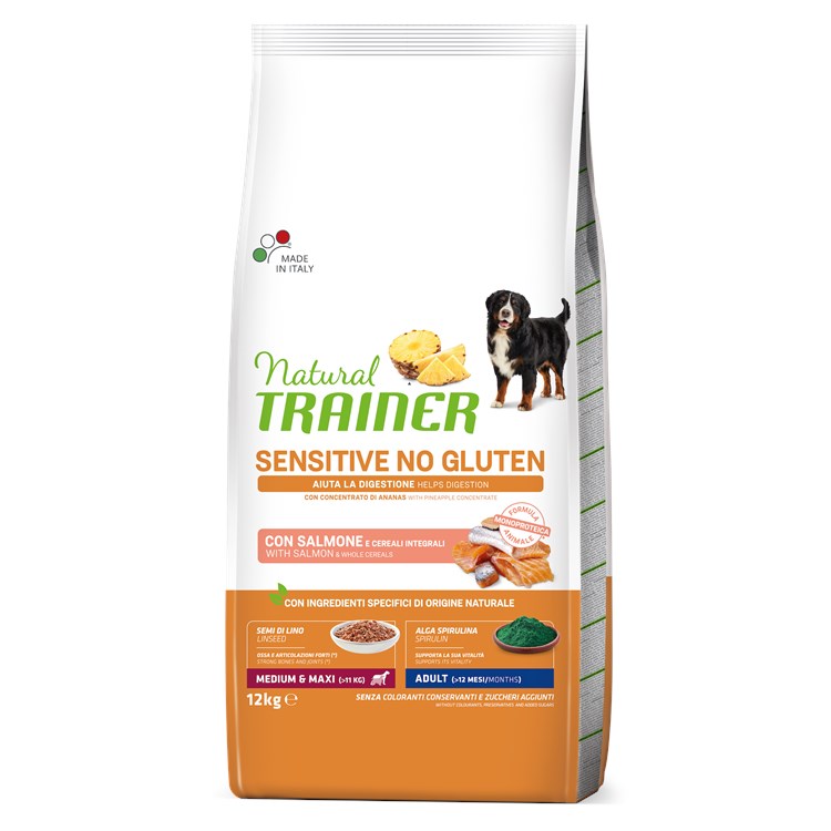 Natural Trainer Sensitive Adult Medium Maxi No Gluten Salmone e Cereali Integrali 12 kg