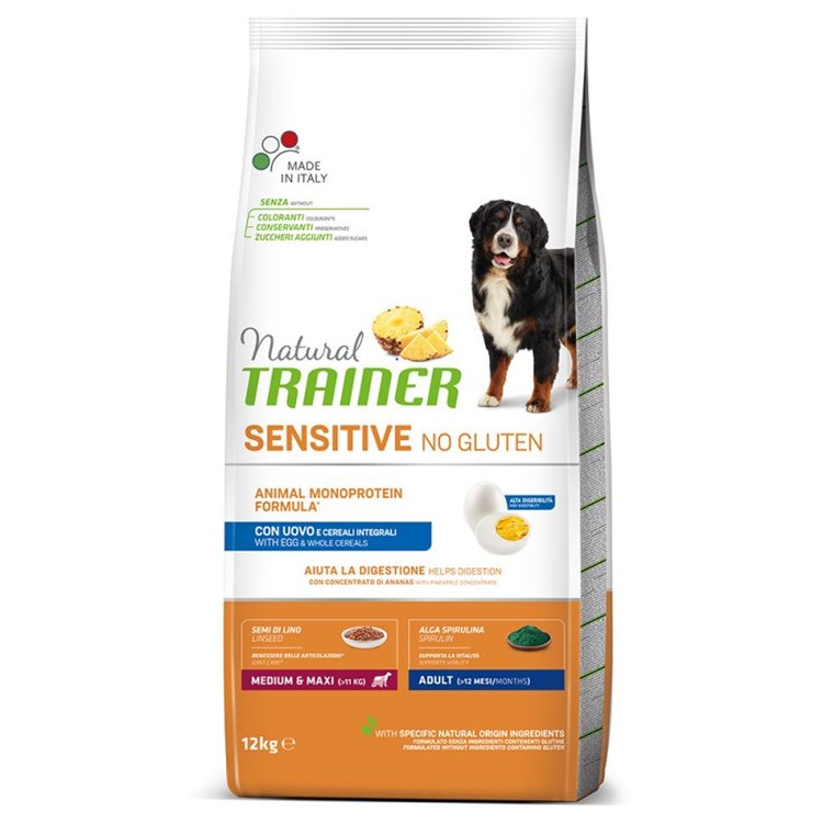 Natural Trainer Sensitive No Gluten Adult Medium Maxi Uovo 12 kg Crocchette Cane