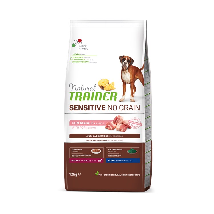 Natural Trainer Sensitive No Grain Adult Medium Maxi Maiale e Patate 3 kg Cane