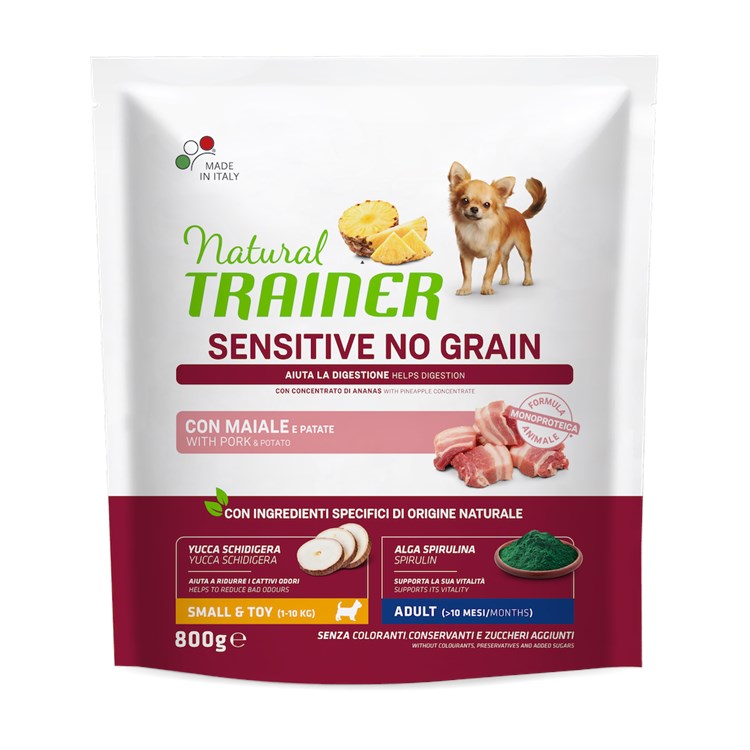 Natural Trainer Sensitive No Grain Adult Small Toy Maiale e Patate 800 gr Cane