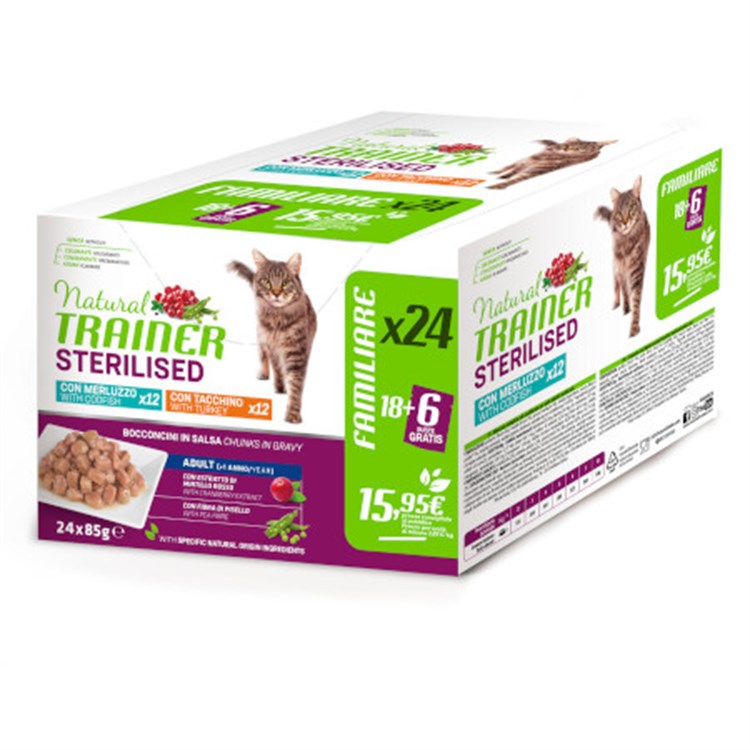 Natural Trainer Sterilised Cat Bocconcini Multipack 24 bustine 85 gr (12 Merluzzo + 12 Tacchino) Umido Gatti
