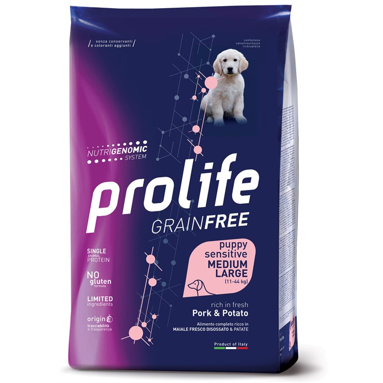 Prolife Dog Sensitive Grain Free PUPPY Medium Large Maiale Patate 10 kg Per Cani Cuccioli